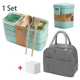 Lunch Boxes Bags 3 Layer Wheat Straw Lunch Box with Bag Japanese Microwave Bento Box with Fork Spoon Food Container for Student Office Staff 231207