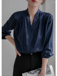 Women's Blouses Fitshinling Fashion Slim Wrap Satin Blouse Women Top Autumn Spring Sexy Blusas Feminina Long Sleeve Shirt Female Clothing