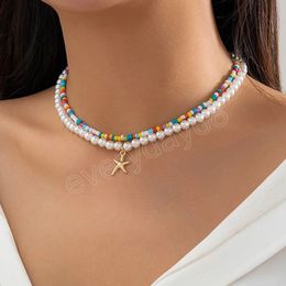Boho Colorful Seed Beads Imitation Pearl Chain Necklace Women Vintage Starfish Pendant Choker Y2K Jewelry Accessories