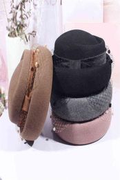 Hat Female Autumn and Winter Elegant Bow Wool Tweed Flat Top French Lace Veil Mesh Beret300J5648291