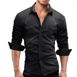 Men's Casual Shirts Spring Autumn Men Button Denim Tshirt Long Sleeve Lapel Slim Elastic Jean T-Shirts With Chest Pockets Male Cowboy Tops