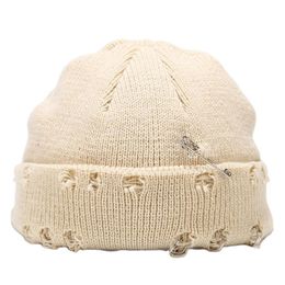 Winter Knit Distressed Docker Beanie With Pin Trawler Beanies Ripped Melon Hat Roll up Edge Skullcap for Men Women240a