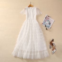 2024 Spring White Solid Colour Embroidery Lace Dress Short Sleeve Round Neck Panelled Tiered Long Maxi Casual Dresses S3D041123