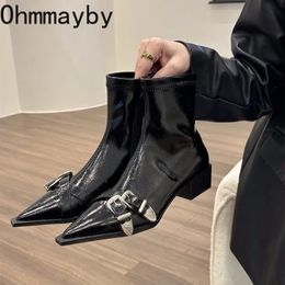 Boots Winter Women s Ankle Fashion Pointed Toe Short Botas Ladies Elegant Square Low Heel Metal Decoration Footwear 231208