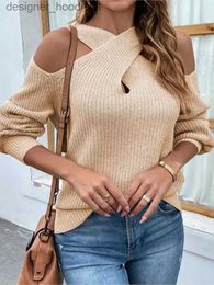 Women's Tanks Camis Women's Autumn And Winter New Solid Colour Shoulder Drop Cross Neck Sweater Lantern Sle Knitted Sweater L231208