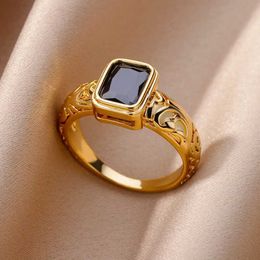 Wedding Rings Geometric Black Stone Stainless Steel Rings For Women Gold Color Wedding Heart Ring Vintage Jewelry Christmas Gift For Girls
