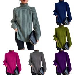 Cashmere Sweater Women Autumn/winter New Knitwear Mid Length Raglan Sleeve High Flip Collar Split Sweater Dress