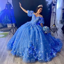 Niebieska błyszcząca sukienka Quinceanera Koronkowe aplikacje cekiny z frezami z ramion meksykańskich słodkich vestidos de xv anos