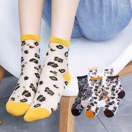 Women Socks 3 Pairs Transparent Sexy Leopard Glass Silk Breathable Mesh Summer Thin Female Middle Tube Scks