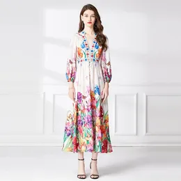 Casual Dresses Fashion Runway Gorgeous Flower Maxi Dress Women Deep V Neck Long Sleeve Floral Print Linen Holiday Boho Robes Vestidos