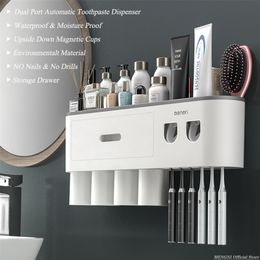 MENGNI Magnetic Adsorption Inverted Toothbrush Holder Wall Automatic Toothpaste Squeezer Storage Rack Bathroom Accessories 231227