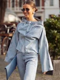 Women's Jackets Design Denim Women Outerwear One Shoulder Long Flare Sles Button Hem Fe Coat Streetwear Chic Ladies Jacket 2023 New L231208