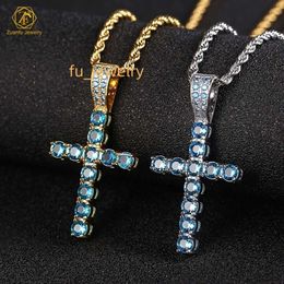 Moissanite Jewellery 925 Sterling Silver Iced Out 5mm Blue Moissanite Diamond Cross Pendant necklaces for men women