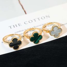van clover High version Four Leaf Grass Ring Gold Plated 18 K Gold with Diamonds Natural White Fritillaria Jade Single Flower Ring Female