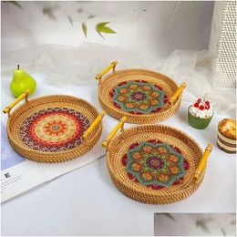 Decorative Plates Handwoven Rattan Tray Bread Woven Storage Baskets Fruit Cake Snacks Round Picnic Basket Dinner Serving Trays Kitch Otcud