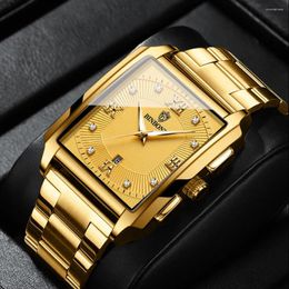 Wristwatches Relogio Masculino 2023 Luxury Diamond Square Gold Watch Men Stainless Steel Waterproof Calendar Casual Business