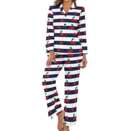 Women's Sleepwear Cute Cherry Pyjamas Lady Black Striped Print Fashion Nightwear Daily Long-Sleeve 2 Piece Bedroom V Neck Custom Set