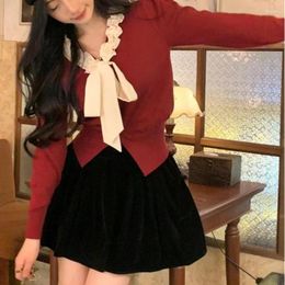 Women's Sweaters Bow Ruffles Women Cardigans Autumn Winter Korean Fashion Chic Sweet Elegant Patchwork Sueter De Mujer