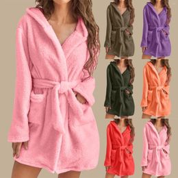 Women's Sleepwear Winter Fleece Hooded Bathrobe Women Soft Plush Flannel Warm Ladies Bath Robe With Pockets Thermal Nightgown Pajamas