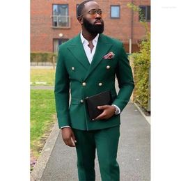 Men's Suits Green Men Formal 2 Piece Jacket Pants Double Breasted Peaked Lapel Loose Custom Made Elegant Full Set Clothing 2024