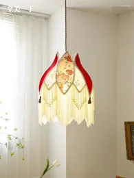 Pendant Lamps French Retro Peony Lampshade Bedroom Chandelier Handmade Pearl Tassel Mid-Ancient Fabric Dining-Room Lamp