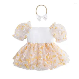 Girl Dresses Infant Summer Romper Casual Dress Print Puff Short Sleeve Mesh Skirt Hem Clothes Bodysuits With Headband