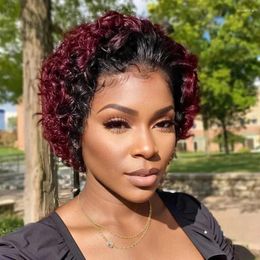 Luvkiss Undetectable Lace Front Natural Color & Burgundy Curly Pixie Cut Wig 150% Density Human Hair Wigs