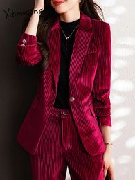 Women's Two Piece Pants Yitimuceng Women Suits Office Sets Formal Long Sleeve Classic Single Button Pocket Blazers High Waisted Bell Bottom Pant 231207