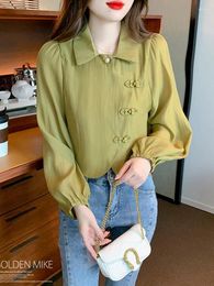 Women's Blouses Women Long Sleeve Short Shirt Arrival 2023 Autumn Chinese Style Vintage Solid Color Ladies Elegant Casual Tops Shirts W1405