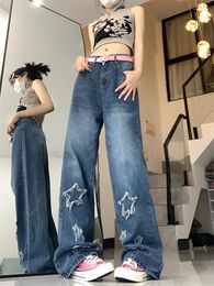 Women's Jeans Star Pattern Embroidered Patch Blue American Vintage Spring Summer Casual Simple Neutral Wide Leg Denim Trousers