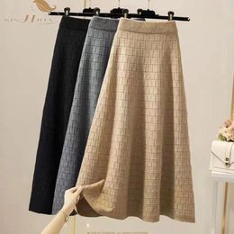 Skirts 2023 Autumn Winter Fashion Elastic High Waist Knitted Skirt Women Plaid Solid Color A-line Bag Hip Long SR1364