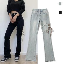 Women's Jeans Retro Side Air Hole High Waist With Straps Slim Fit Bootcut Trousers