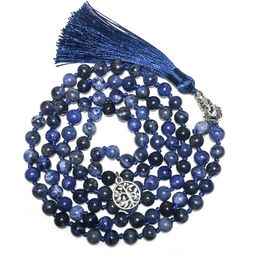 Pendant Necklaces 8mm Blue Veins Lapis Lazuli Hand-Knotted Japamala Necklace Meditation Yoga Spirit Tibetan Jewellery 108 Mala Rosary Tassel Beads 231207