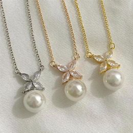 s925 sterling silver plated sweet clover designer pendant necklace womens cross chain choker lovely flower luxury pearl cz zircon necklaces wedding Jewellery gift