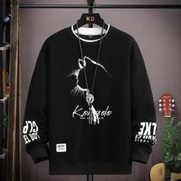 Men's Sweaters Autumn Men's Sweatshirt Sketch Cat Print Long Sleeve T-shirt Fashion Men's Clothing Black O Neck Harajuku Exclusive Design TopL231113