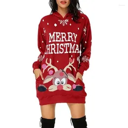 Casual Dresses Christmas Elk Snowflake Printed Sweatshirts Party Dress Women Fashion Long Sleeve Hoodies Tops