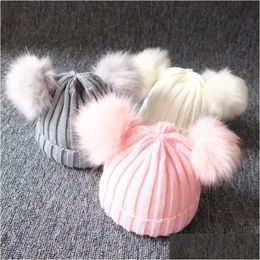 Caps Hats 5Pcs Children Double Pom Beanie Winter Bobble Hat Knitted Faux Fur Detachable Ball Cap Soft Knit With Ears For Women Drop De Otcwd