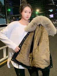 Women's Trench Coats Fur Collar Women Winter Jacket Lambswool Fleece Lining Warm High Quality Female Coat Army Green Parka Black