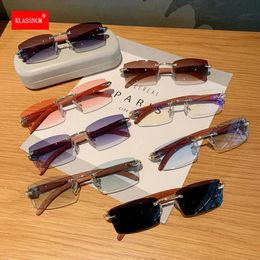 Sunglasses Rectangle Rimless Wooden Frame Eyewear Luxury Brand Design Women Men Small Square Sun Glasses for Male Travelling 2023 231208