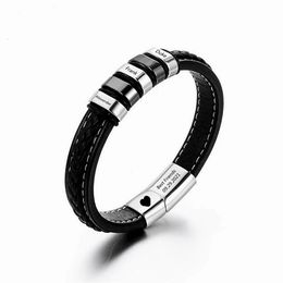 Charm Bracelets Custom Name Text Bracelets for Men Gift Black Leather Wristband Personalised ID Stainless Steel Beads with Magnetic Safety Clasp 231207