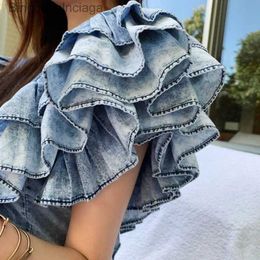 Women's T-Shirt Women V-neck Ruffled Denim Sleless Shirts High Waist Summer Lotus lti-Layers Pleated Blouse Folds Crop Tops Blusas jerL231208