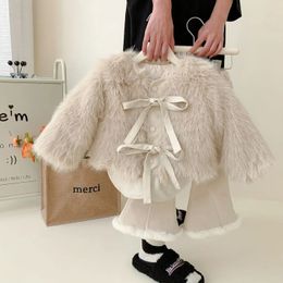 Clothing Sets Winter Childent Loose Bow Coat Thick Warm Hooded Jacket bell bottoms Pants Cotton Girls Casual Artificial fur Outwear 231207