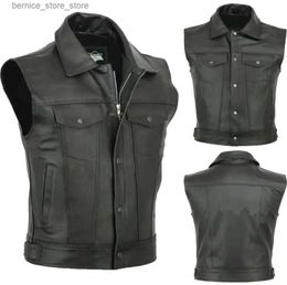 Men's Vests Men Motorcycle Leather Vest Solid Colour Large Pocket Sleeveless Biker Jackets Vintage Casual Vest Male Plus Size S-5XL Q231208