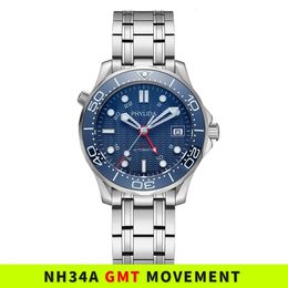 Watch Bands PHYLIDA 41mm Men s NH34A GMT Blue Black Wave Dial Automatic Sapphire Crystal 20ATM SE BL34 231208