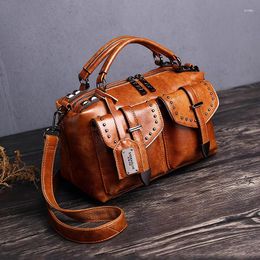 Evening Bags Retro Oil Wax Leather Women Bag 2023 Rivet Luxury Handbag Solid Color Large Capacity Shoulder & Crossbody