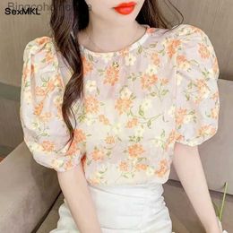 Women's T-Shirt Vintage Puff Sle Tops jer 2023 Fashion Floral Printed Chiffon Blouses Casual Korean Sweet Summer Blusas Femini XXXLL231208