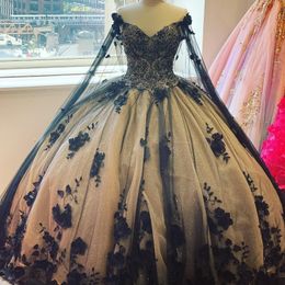 Black Shiny Ball Gown Quinceanera Dresses Vestidos De 15 Anos Party Lace Beads 3D Flower Cinderella 16 Birthday Princess Gowns