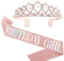 Bling Rhinestone Crystal Crown Tiara Birthday Anniversary Decoration Happy 18 21 30 40 50th Birthday Satin Sash Party Supplies Y024138511