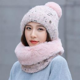 Knitted Sweet Dots lovely Snowflake Hat And Mink Plush Scarf 2Pcs Set Winter Women's Hats Thick Warm Skullies Beanies Female 2194