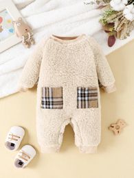 Rompers Baby clothing autumn and winter casual fashion cute plain pocket round neck windproof warm camel plush pants jumpsuit 231208